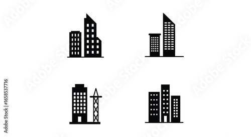 Collection of simple city skyscrapers and buildings in black silhouette on white background