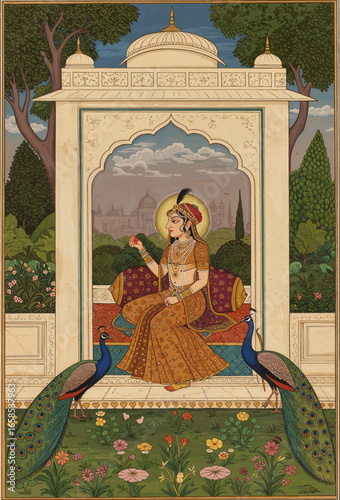 Vintage Mughal queen seated on ornate archway with peacock, trees, and garden background, watercolor vector illustration mural for elegant wall decor