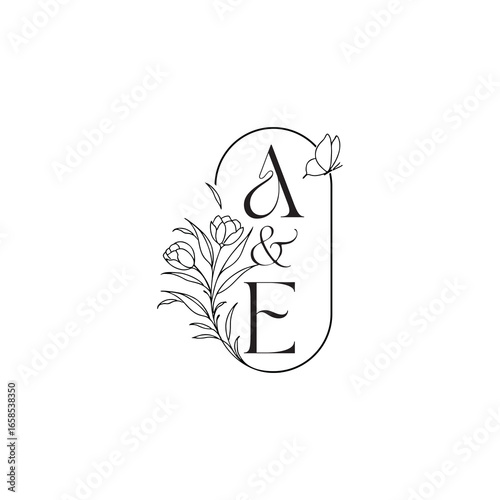 caligraphic style monogram luxury minimalist logo design AE wedding initial concept alphabet letter
