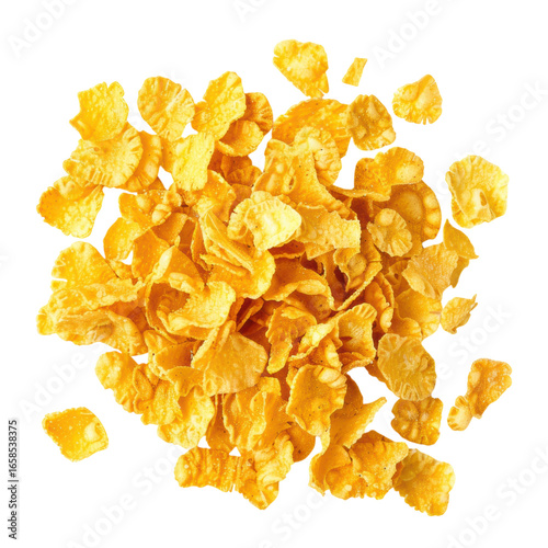 Golden cornflakes pile, breakfast cereal, crunchy and delicious snack