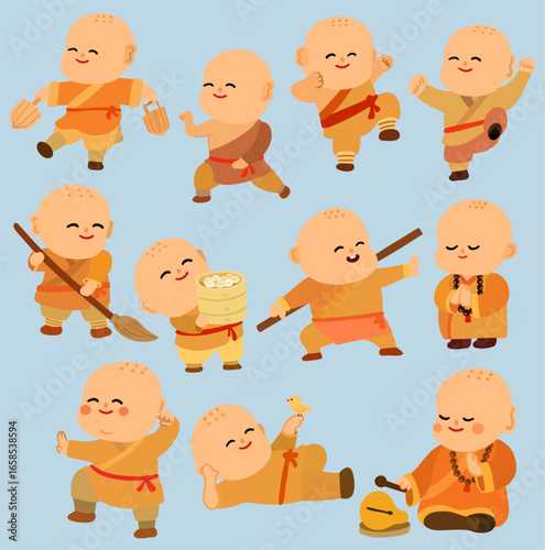 A charming collection of cartoon little monks in various poses – carrying water, meditating, sweeping, eating dim sum, practicing kung fu, and playing with birds. Chinese Zen culture