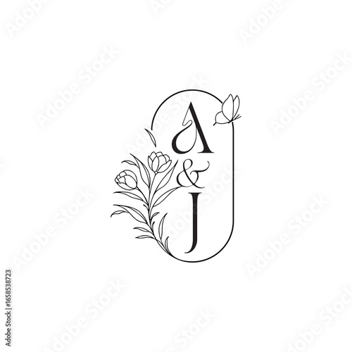 caligraphic style monogram luxury minimalist logo design AJ wedding initial concept alphabet letter