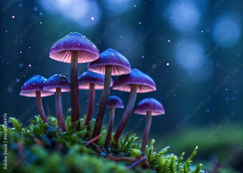 Fototapeta premium A mesmerizing gathering of enchanting mushrooms graces a mossy knoll, their delicate forms illuminated by a gentle, magical light in the heart of a serene woodland