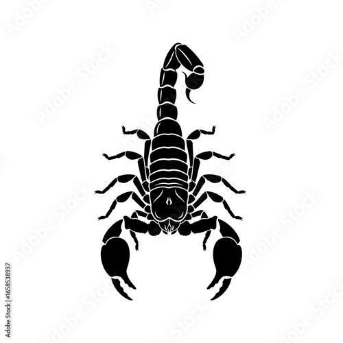A detailed black silhouette of a scorpion with its tail raised and claws open against a white background
