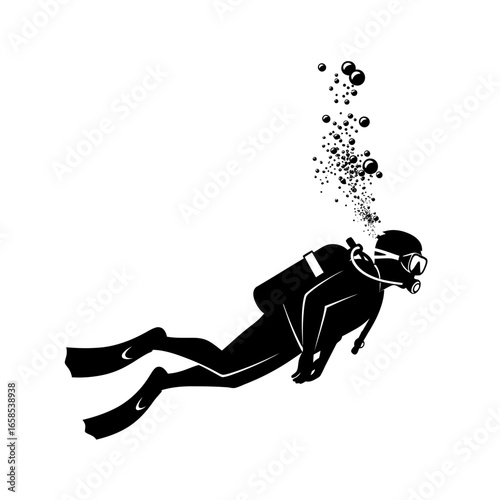 Black silhouette of a scuba diver swimming underwater with a trail of bubbles rising upwards
