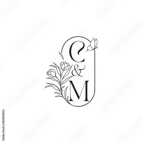 caligraphic style monogram luxury minimalist logo design CM wedding initial concept alphabet letter
