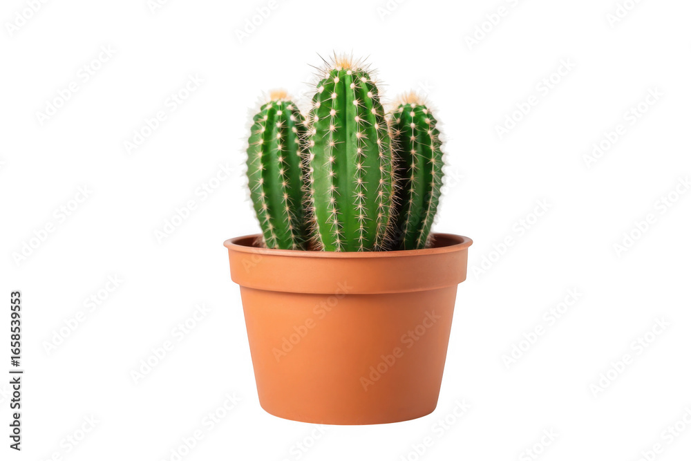 Three green cacti in a terracotta pot isolated on transparent background Three green cacti in a terracotta pot isolated on transparent background