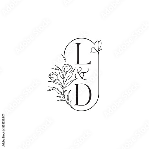 caligraphic style monogram luxury minimalist logo design LD wedding initial concept alphabet letter