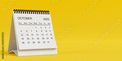 White Desk Monthly October 2025 Business Calendar. 3d Rendering
