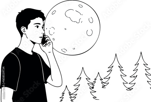 Young man blowing bubble gum balloon with pine tree forest silhouette vector illustration 