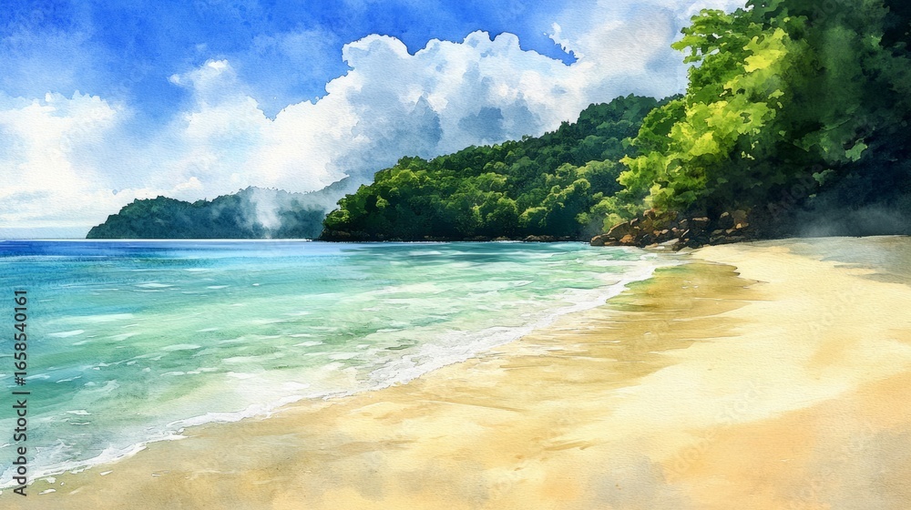 Beautiful beach with a large mountain behind it, a landscape made with watercolors generative ai Beautiful beach with a large mountain behind it, a landscape made with watercolors generative ai