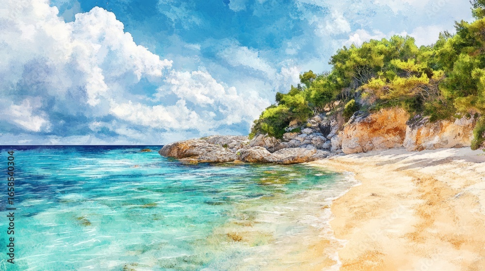 Obraz premium Beautiful beach with a large mountain behind it, a landscape made with watercolors generative ai