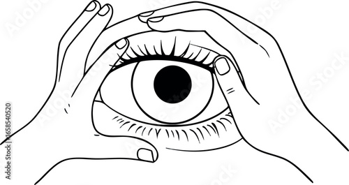 Human eye held by hands drawing black and white line art vector illustration 