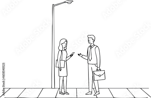 Two business people talking under streetlight on urban sidewalk vector illustration 