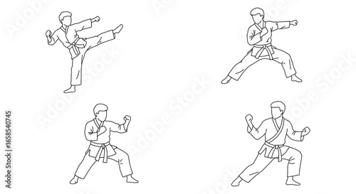 Man in karate uniform demonstrating various martial arts stances and kicks