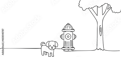 Small dog standing near fire hydrant and tree simple line art vector drawing 