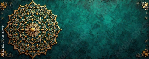 Intricate gold mandala on rich, deep teal Islamic-inspired background , meditation, muslim