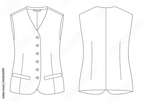 Vector fashion technical drawing of a longline vest with front and back view. Six buttons. Welt pockets. Front and back darts. Woven fabric.