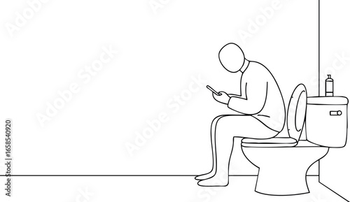 Person Sitting on Toilet Using Smartphone Minimalist Line Art Vector Illustration 