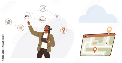 Man exploring digital connections linking devices thumbs up homes, planes, and shopping carts to a tablet map. Ideal for technology, networking, logistics, communication, planning, innovation simple