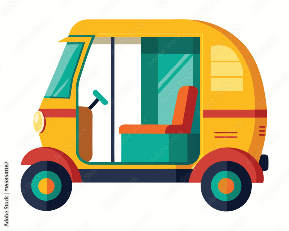 Fototapeta premium Auto rickshaw flat vector illustration depicts traditional asian taxi or tuk tuk with vivid design elements for travel and transportation concepts
