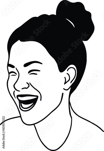Joyful woman laughing with hair in a bun