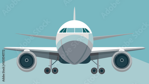 Front view of airplane illustration in vector format with a clear blue background perfect for travel and transportation industries