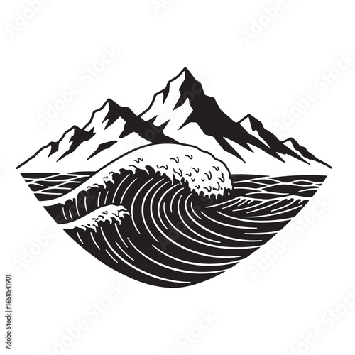 Black and white illustration of mountain range above ocean waves design