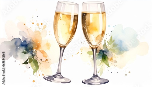Two champagne flutes with golden bubbly liquid, watercolor floral background.