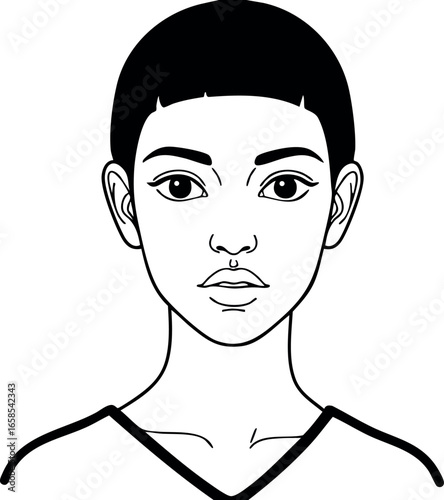 Young woman portrait with short hair black and white line art vector illustration 