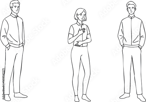 Three standing people line art vector illustration male and female figures in casual poses 