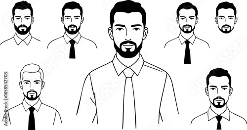 Male businessman avatar set with facial hair and formal shirt vector illustrations 