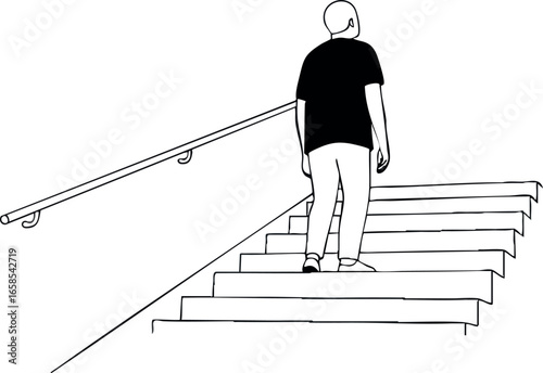 Elderly man walking up stairs with handrail simple black and white vector illustration 