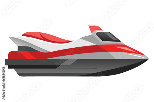 Isolated vector illustration of a modern personal watercraft with red and grey accents ideal for water sports activities and summer recreational designs against white backdrop