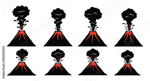 Eight volcanoes erupting with smoke and lava flows in different stages