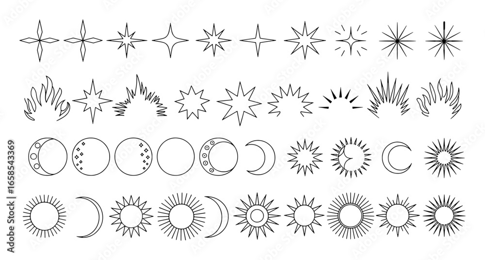 Obraz premium Collection of Celestial Icons Stars Suns and Moons in Outline Style Keywords: celestial, icon, star, sun, moon, crescent moon, outline, drawing