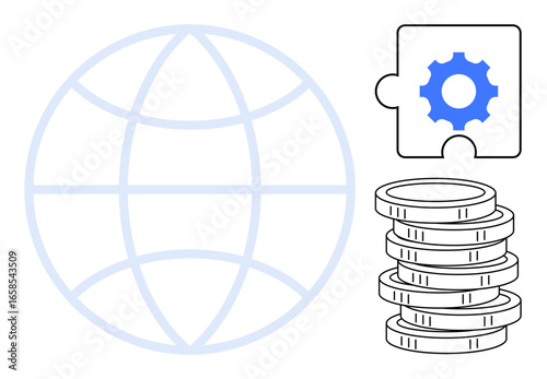 Globe with grid highlights global scope, coins stack illustrates economy, gear-puzzle suggests technologys role in facilitating connectivity and financial systems. Ideal for economy, technology