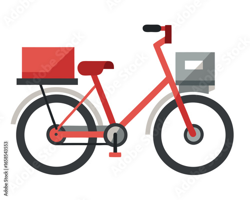 Minimalist red bicycle vector with front and rear baskets for urban delivery and commuting illustration