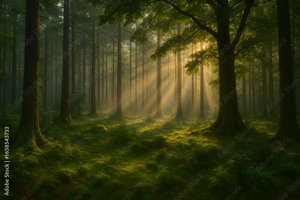 Naklejka premium Tranquil Forest with Sunbeams Breaking Through the Majestic Treescape Scenery