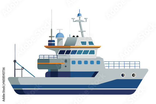 Modern boat illustration graphic nautical vessel transportation maritime theme waterscape isolated fishing boat marine transport flat design style shipping
