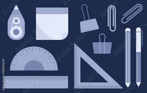 Minimal flat vector stationery set in blue tone, featuring pencil, pen, ruler, paper clip, and correction tape. Perfect for office, school, planner, and education design.