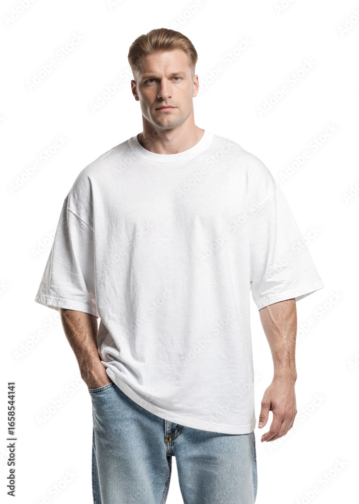 Muscular man wearing white oversized t-shirt and blue jeans, isolated on transparent background Muscular man wearing white oversized t-shirt and blue jeans, isolated on transparent background