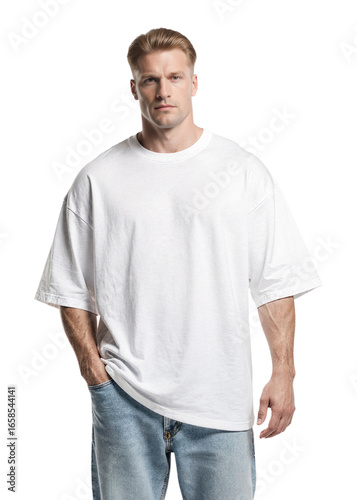 Muscular man wearing white oversized t-shirt and blue jeans, isolated on transparent background