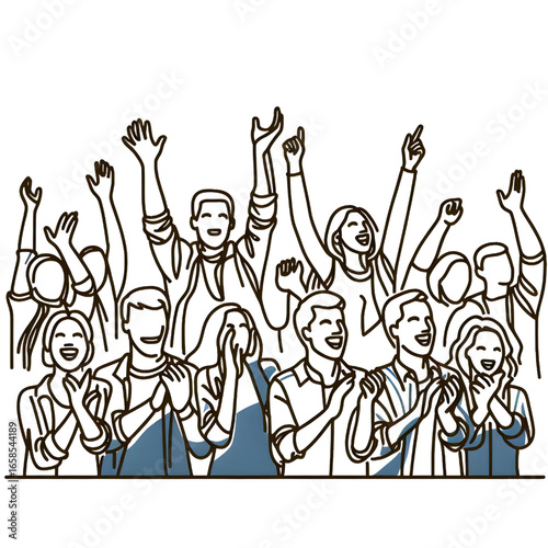 Cheerful crowd cheering illustration. Hands up. Group of applause people continuous one line vector drawing. isolated on white background
