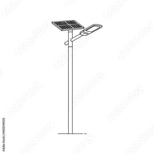 Black and white sketch of a modern solar street light. This is great for blogs or articles about environmental awareness, green technology, and innovative power solutions.
