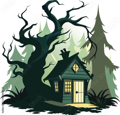 Abandoned Cottage In Forest With Twisted Tree