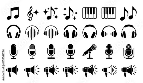 Music and Audio Icons Featuring Musical Notes Headphones Microphones and Keyboards musical note icon