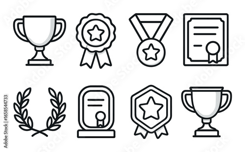 Icon set of trophies, medals, ribbons, and certificates for achievements and awards
