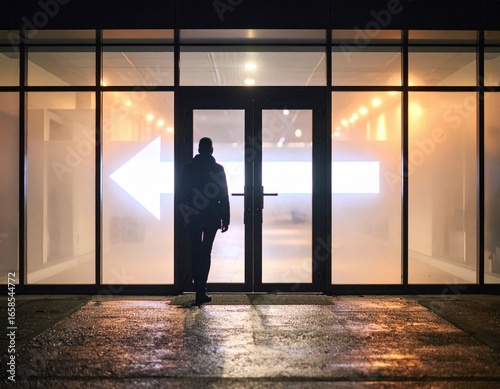 A person walks toward illuminated doors with an arrow at night.