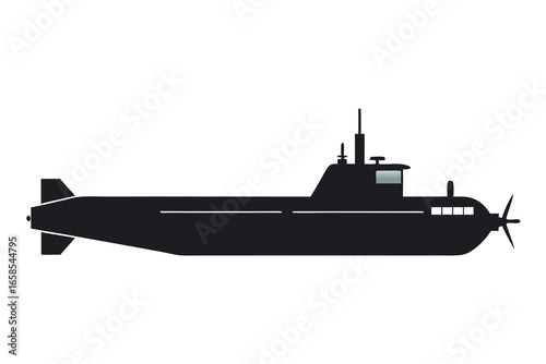 Submarine silhouette side view with details on white background aquatic naval vessel underwater boat transport and warfare military equipment